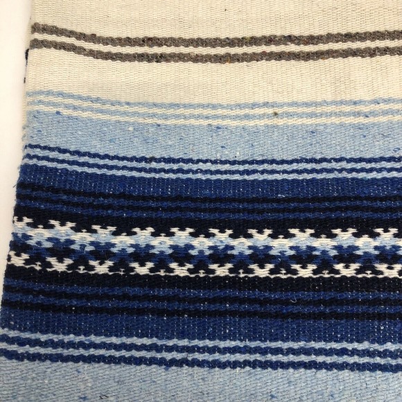 Aztec Mexican Woven Southwestern Blanket Throw Fringed 58”x 80” Blue Beige Black - Picture 3 of 5